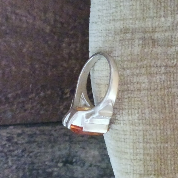 Synthetic Orange Stone Four Prong Set Silver Ring - Picture 4 of 11